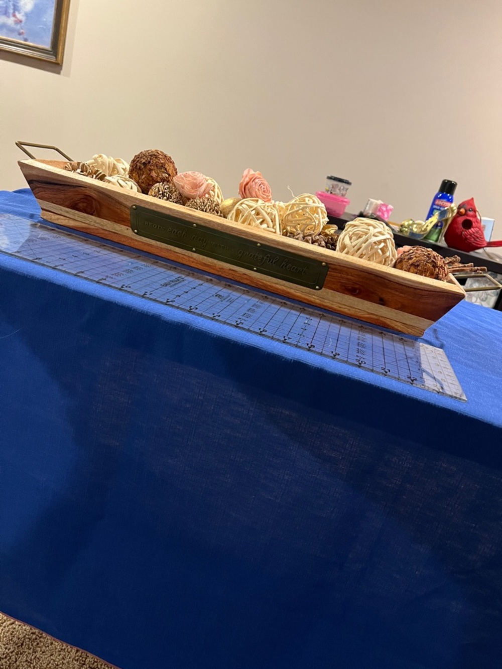 Wood Tray Centerpiece with Decorative Rattan Balls - Mary & Martha